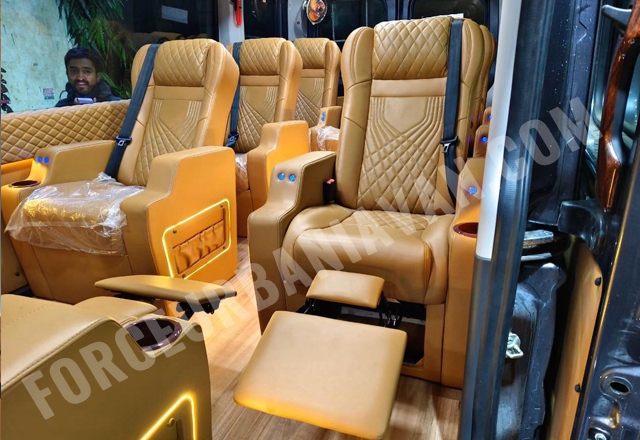 force urbania luxury van with 1x1 modified recliner motorized seats on rent in delhi